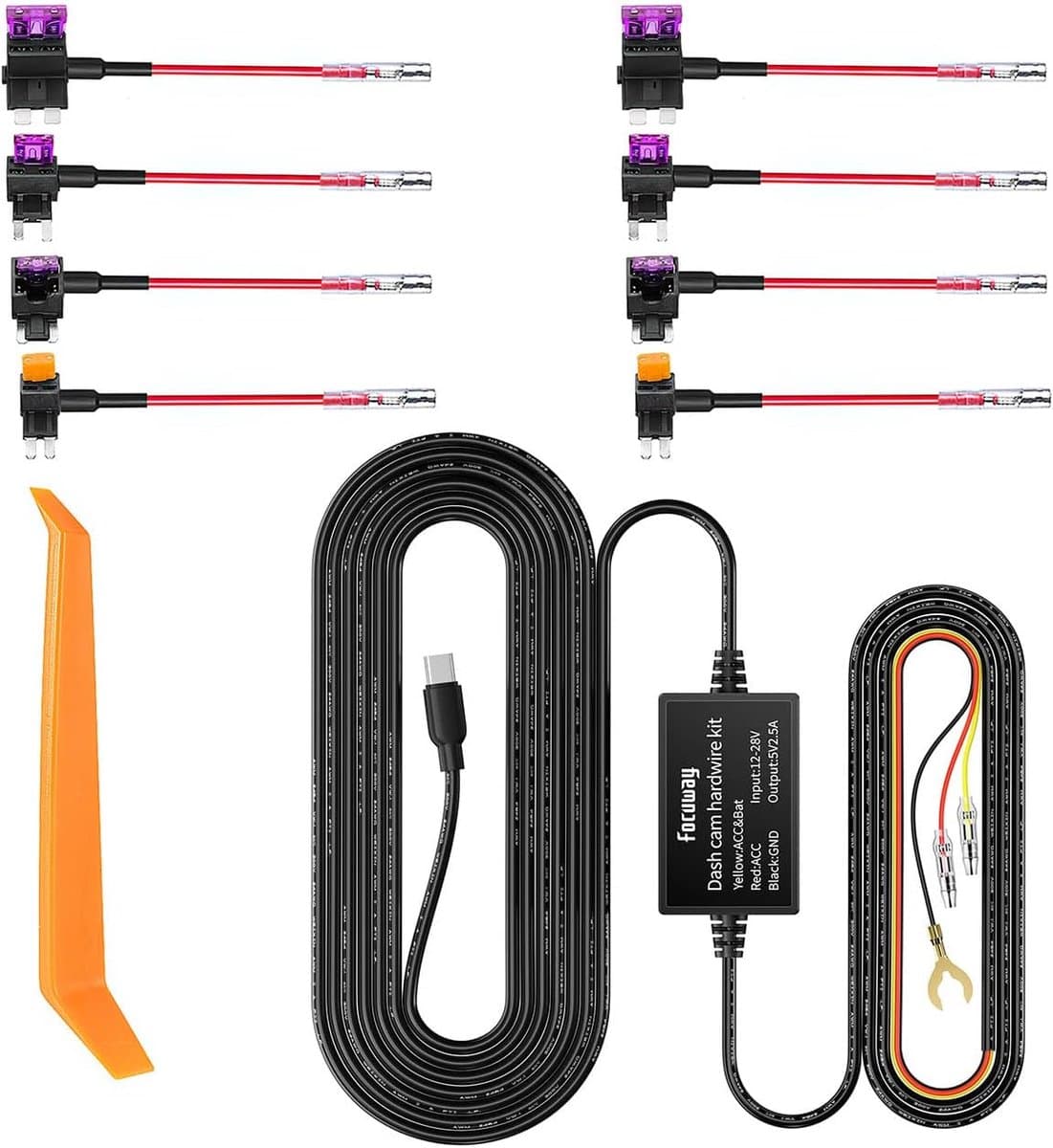 Dashcam-hardwirekit voor FOCUWAY T5/ T5 Pro/ T6/ D2 Duo/ D4 Duo-modellen, 4 meter dashboardcamera-autolaadkabelkit 12V-24V naar 5V, stroomadapter met LP/Mini/ATO/Micro2-zekering voor dashcam — afbeelding 1