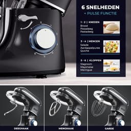 RFWR® Keukenmachine 2000W met RVS Mengkom 6,2L - 6 Snelheden en Pulsefunctie - Mixer met Garde, Deeghaak en Menghaak — thumbnail 5