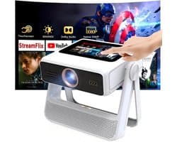 Mini Beamer 4K met Touchscreen, Draagbare Projector 1100 ANSI voor Buiten, Autofocus en Automatische Keystone Correctie, WiFi 6 Bluetooth HDR10+, 1000+ Apps, Dual Display Thuisbioscoop Beamer