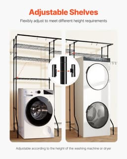 Wasmachine en Droger Opbergrek - Over-wasmachine Rek - 6-Laags - Verstelbare Planken - Kledingstang en Haken - Ruimtebesparend - Zwart — thumbnail 3