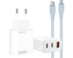 30w laadsetje geschikt voor iPhone en iPad met Lightning kabel 1m 3 poorten snellader adapter