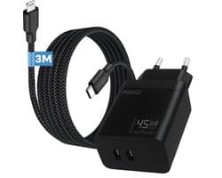 Phreeze usb C oplader geschikt voor iPhone 14 13 12 11 X XR XS Max Pro Mini Plus en iPad met Lightning kabel 3 meter - Power Delivery snellader met 2 poorten