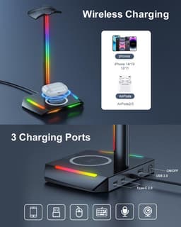 RGB Hoofdtelefoonstandaard met Draadloos Opladen en USB-C & USB Oplaadpoorten - Desk Gaming Hoofdtelefoonhouder met 7 Lichtsmodi — thumbnail 4