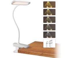 Oplaadbare Clip-on Leeslamp met 5 Kleurtemperaturen en Helderheid, Flexibele Arm en Dimbare Touch Control