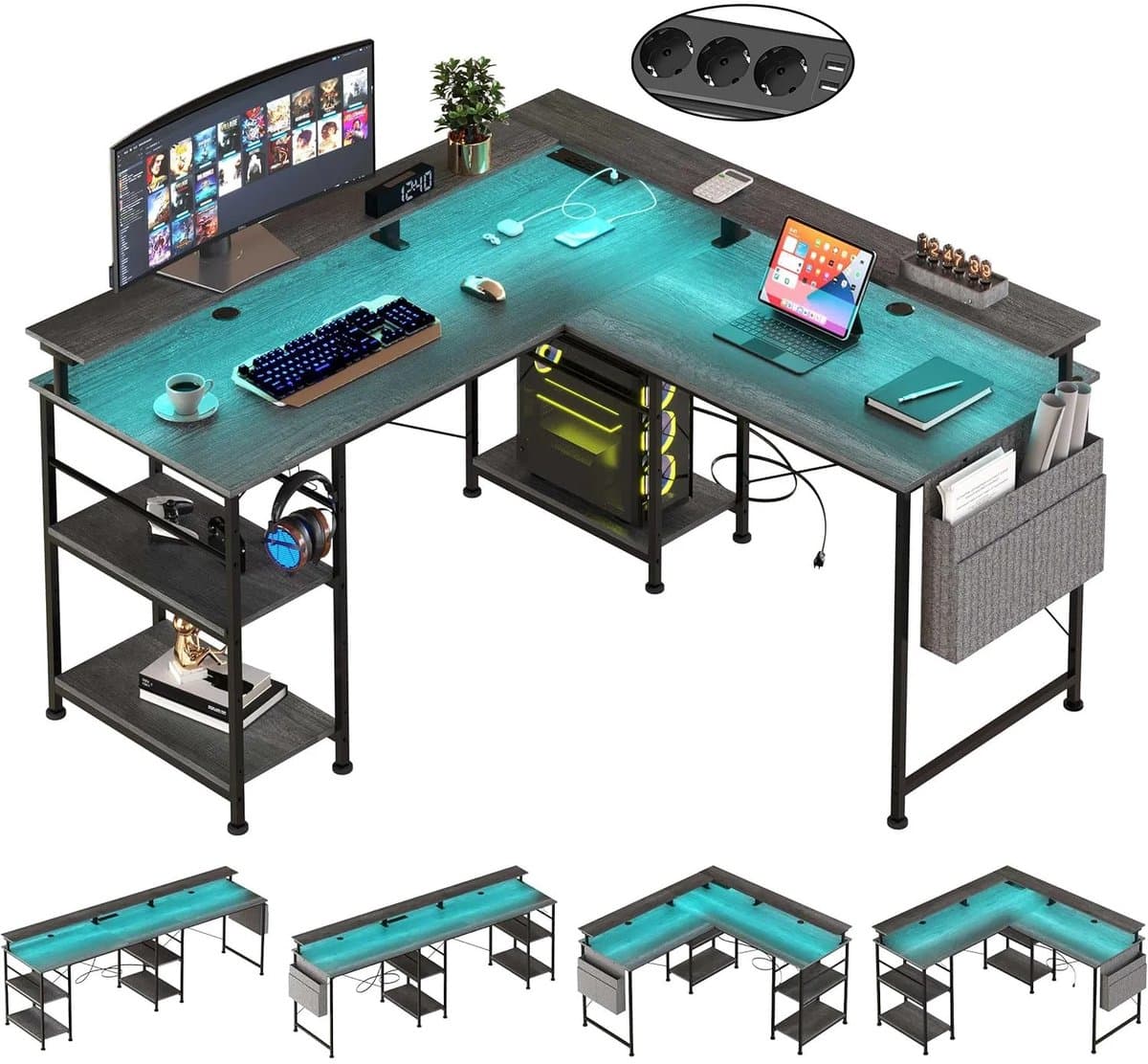 Vedder House - Gamingbureau - L vormig - LED verlichting - Flexibele indeling - Hoekbureau - Game bureau — afbeelding 1