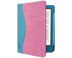 Hoesje Geschikt voor Kobo Clara 2E Jeans Sleepcover - Book Case Hoes Cover - Turquoise / Roze - ereader hoesje - cover