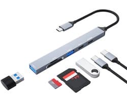 6 IN 1 USB-C naar 2x USB-C Female + 2x USB Female + SD + Micro-SD - adapter kabel hub connector - geheugenkaart lezer - voor o.a. telefoon en laptop - grijs