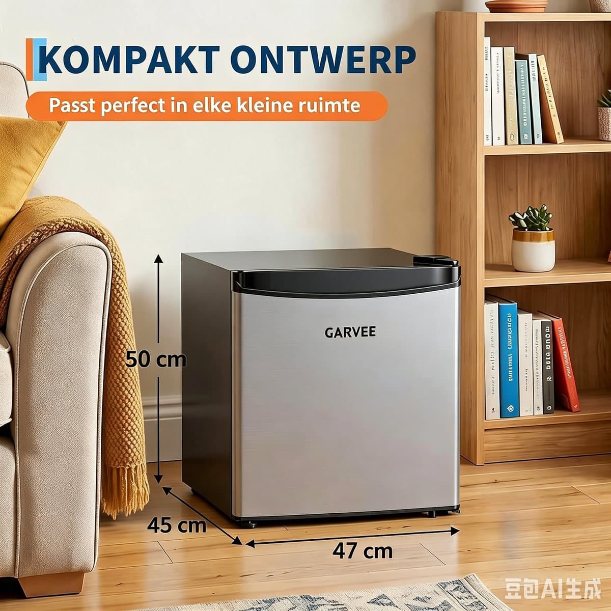 Stille minikoelkast van 45 l met roestvrijstalen voorkant – 5 temperatuurstanden (0–18 °C) – groentelade – ingebouwd vriesvak – ledverlichting – verstelbare voetjes – compact – energiezuinig [Energieklasse A] — afbeelding 1