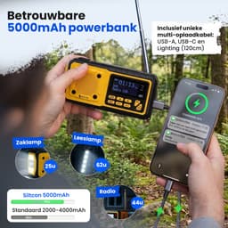 Siltcon® Noodradio Solar Opwindbaar - Solar Powerbank - 5000mAh - Radio DAB+/FM - Radio Noodpakket & Kamperen - Bluetooth + AUX - USB-A - USB-C - Zaklamp + SOS - Weeralarm - Thermometer - Compass - Incl. Oplaadkabels Telefoon & Waterdichte opberghoes — thumbnail 3