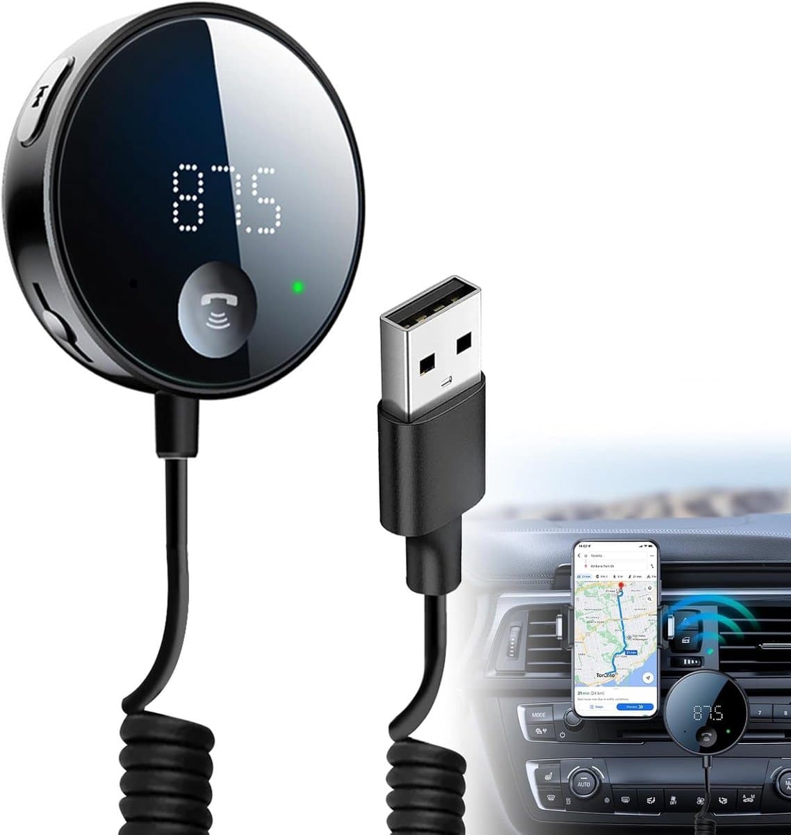 Bluetooth Transmitter Auto - FM Transmitter voor Auto - Bluetooth Receiver - Bluetooth Ontvanger - Carkit met Handsfree Bellen - Bluetooth Auto Ontvanger - Bluetooth Adapter Auto - Autolader USB-C - Voor Handsfree Bellen - Zwart — afbeelding 1