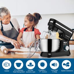 SnelShoppen - Kneedmachine 1000W, 5QT Keukenmachine met Garde en Deeghaak, Roestvrij Stalen Kom, Spatdeksel voor Bakken en Koken, Zwart — thumbnail 3