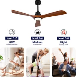 MODENUIT Plafondventilator 132 cm - Met Licht, 6 Snelheden En Timer - Voor Woonkamer - Zwart Walnoot Hout — thumbnail 4