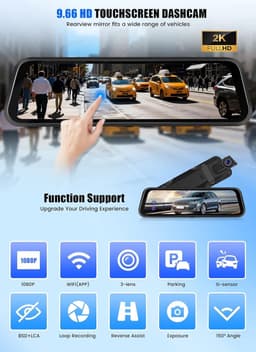 Dashcam voor auto - Zwart - 20 x 15 x 10 cm - Spiegel Dashcam met 9,66 inch IPS-touchscreen en Full HD 2K camera - Voor veilig rijden — thumbnail 2