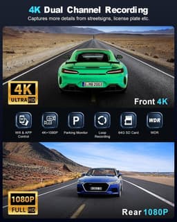 Dashcam voor auto - Zwart - Voor en Achter - 4K + 1080P Wifi Dashboardcamera met Nachtzicht en 64GB SD-kaart - Universeel — thumbnail 2