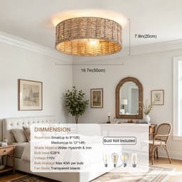19 inch Natuurlijk Rotan Plafondventilator met Licht - Dubbele bediening via app en afstandsbediening - 6 snelheden omkeerbaar - Stille motor - ABS-bladen - Geschikt voor kleine lage ruimtes in rustieke Wabi-Sabi stijl — thumbnail 3