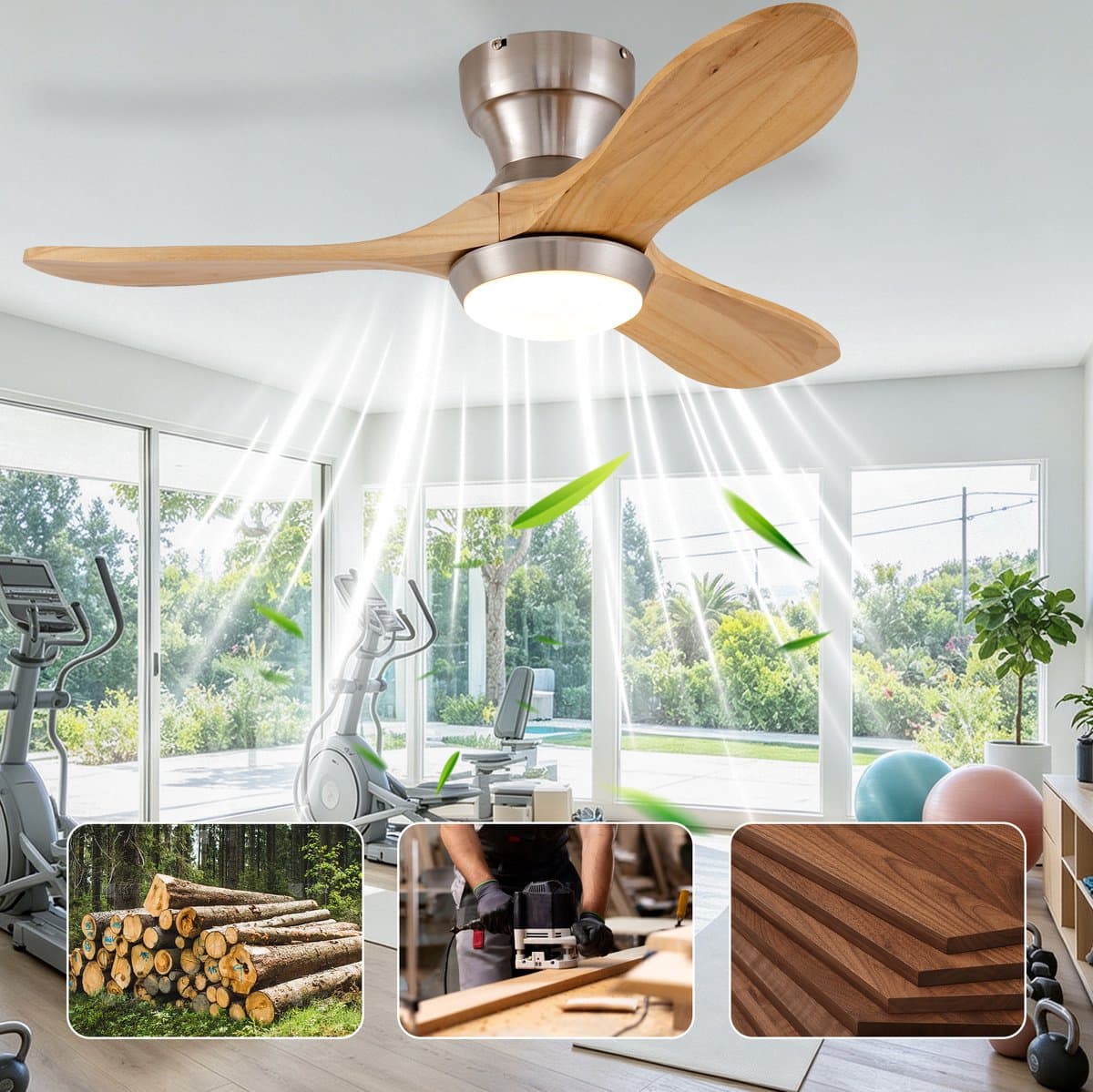 Plafondventilator Met Verlichting – 36 Inch 90 Cm – 3 Bladen – Hout En Metaal – Satijnnikkel Natuurlijk Hout – Afstandsbediening 6 Snelheden — afbeelding 1