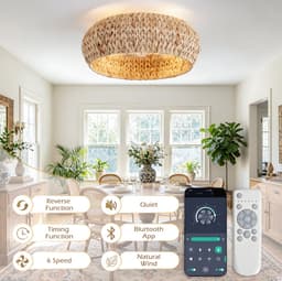 COVREO Plafondlamp met ventilator 50 x 50 x 20 cm koperkleur rattan - app en afstandsbediening - 6 standen — thumbnail 3