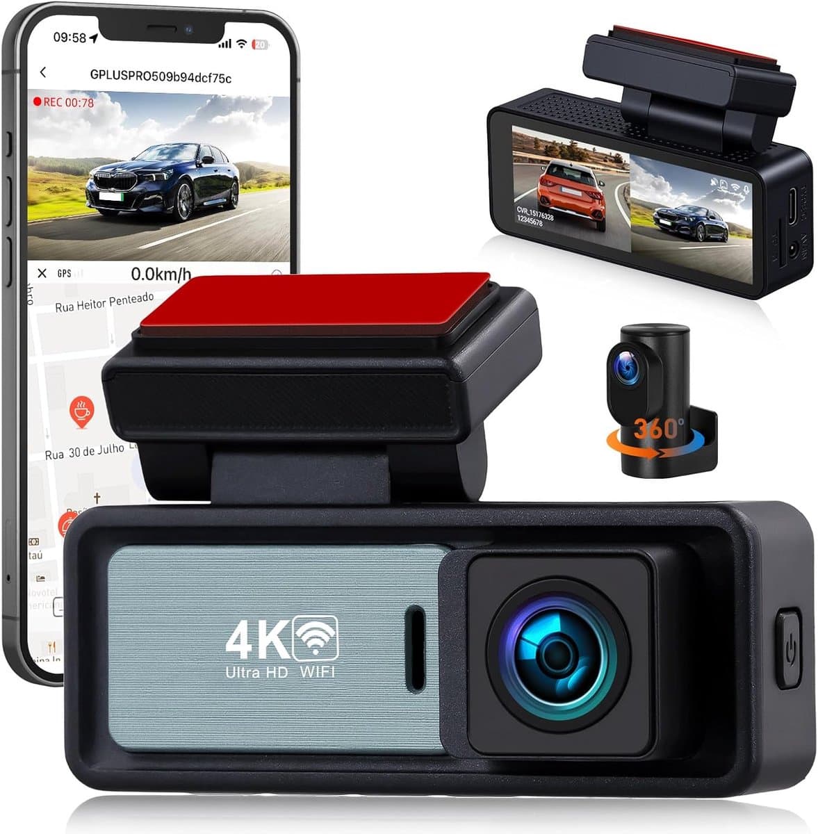 SnelShoppen - 4K Dual Dashcam Voor Auto - Voor- en Achtercamera - GPS, Nachtzicht, 150° Hoek, G-Sensor, 24/7 Parkeermodus - Hoogwaardige Beveiliging — afbeelding 1