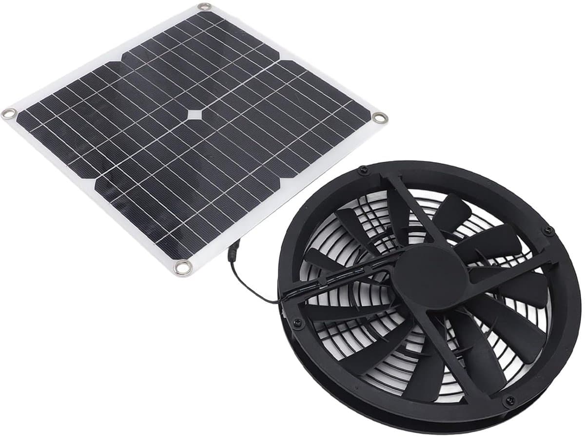 Zonnepaneel Ventilator - Ventilatieset Solar - Kleine Ruimtes Ventileren - Metalen Veiligheidsrooster - 25 cm Ventilator - Zwart — afbeelding 1