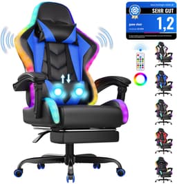 Devoko Game Stoel met ledverlichting-Ergonomische Gamestoel-Gaming chair met voetensteun-Bureaustoel met hoofdsteun en taille massage-Zwart blauw — thumbnail 1