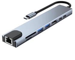 8-in-1 USB-C-hub met Ethernet, PD en USB-C-hub, ondersteunt 4K HDMI, RJ45 Ethernet, 100W PD, SD/TF-kaartlezer, USB 3.0/2.0-poorten en dockingstation voor computers, mobiele telefoons, enz.