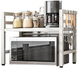 CHIWIN Magnetron Rek Wit Uitschuifbaar 40-64cm - Keuken Magnetronkast met 6 Haken - Opbergrek voor Magnetron Verstelbare Hoogte 32/42cm - Koolstofstaal - 30kg Draagvermogen - voor Magnetrons, Airfryers, Oven — thumbnail 10