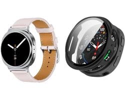 Strap-it Bundel – Leren Smartwatch Band met Gespsluiting (Roze) + Hard Case met Screenprotector Glas (Zwart) geschikt voor Samsung Galaxy Watch 8 (44mm)
