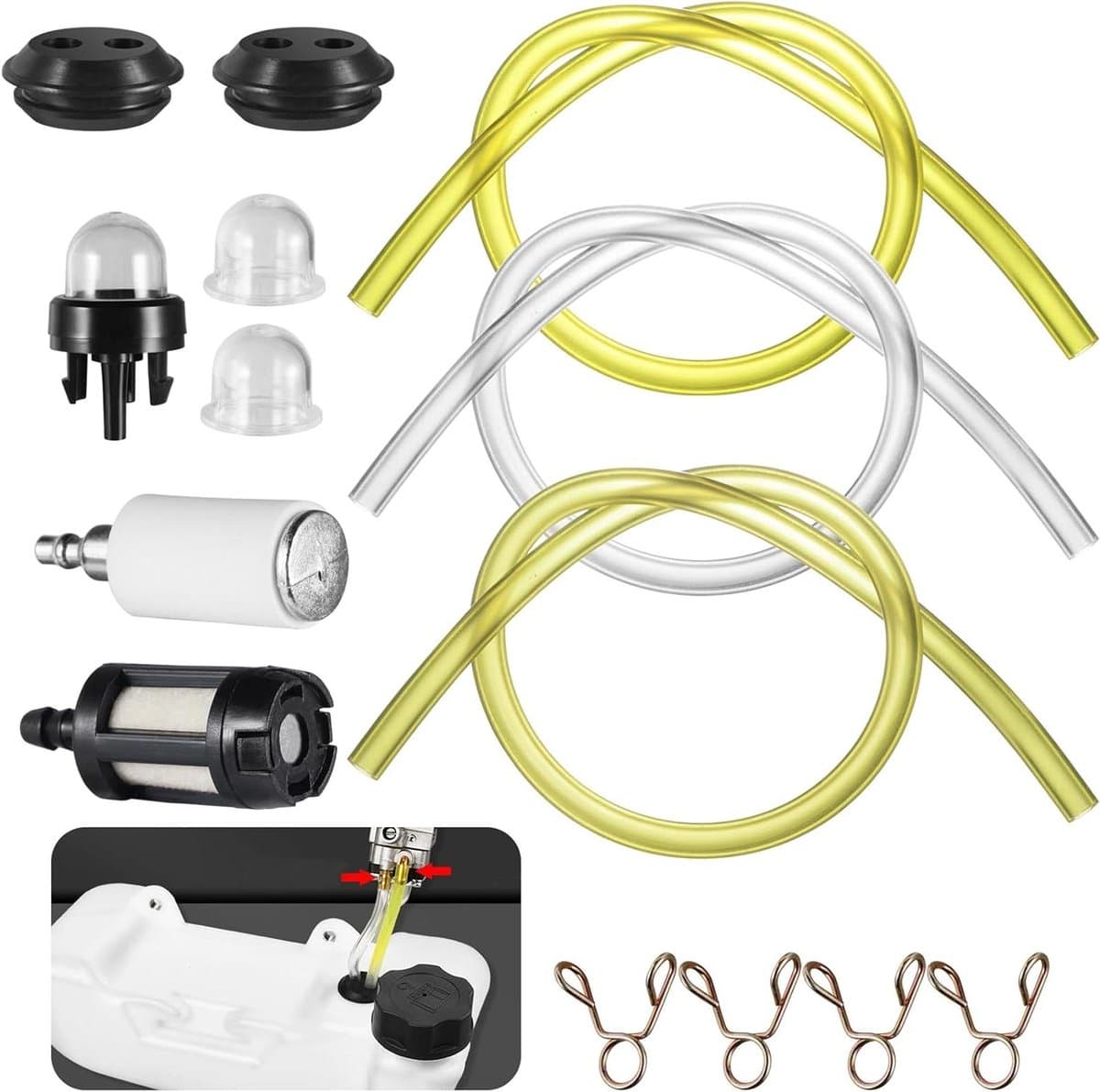 Benzine Filter Kit voor Gazonmaaier en Borstel Cutter - 14 Delig met Benzine Pomp en Filter - Universele Brandstofslang - Olie Pijp Cover - Inclusief Sluitringen - Geschikt voor Hoge Taakbelasting. — afbeelding 1