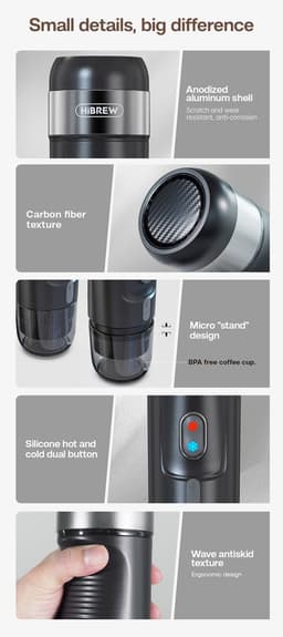HiBREW H4A-kit 80W draagbare autokoffiezetapparaat met standaard, DC 12V 15 bar extractie, warm / koud 3-in-1 capsule-koffiezetapparaat - zwart — thumbnail 3