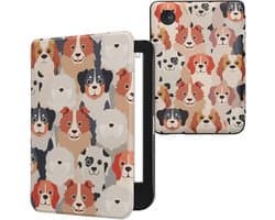 kwmobile e-reader hoesje geschikt voor Kobo Clara BW / Colour hoes - E reader flip case met magnetische sluiting - Ereader cover - Honden Ontwerp design in wit / lichtbruin / grijs