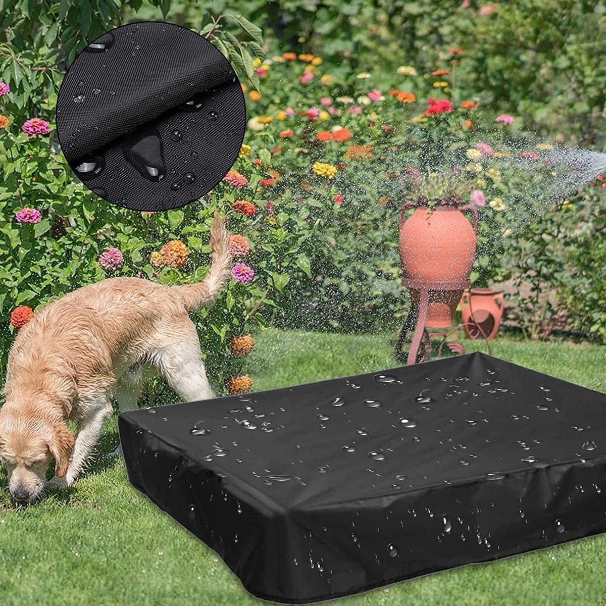 Zandbakafdekking 120 x 120 x 20 cm waterdicht en stofdicht - Oxford-stof - zwart - met trekkoord - voor zandbakken, zwembaden, terrassen en tuinen. — afbeelding 1