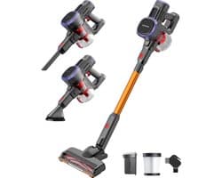 Auronic Steelstofzuiger Draadloos 220W - Draadloze Stofzuiger - HEPA Filter - Zelfstaand - Op Accu - Zonder Zak - Kruimeldief - Vacuum Cleaner - Grijs/Oranje