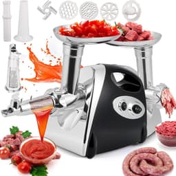 Elektrische Keukenmachine - Vleesmolen Tomatenmaker - Maaltijden Bereiden - 3-in-1 Functionaliteit - 3 Slijpplaten - Zilverkleurig — thumbnail 1