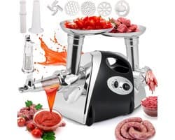 Elektrische Keukenmachine - Vleesmolen Tomatenmaker - Maaltijden Bereiden - 3-in-1 Functionaliteit - 3 Slijpplaten - Zilverkleurig