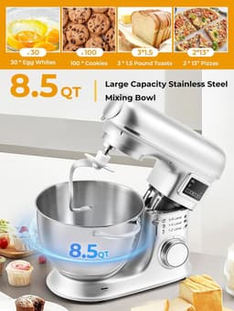 Keukenmixer - Bakmachine Beslagmaker - Veelzijdige Keukentaken - 7 Snelheden Digitale Display - 8 Liter Kom - Zilver — thumbnail 5