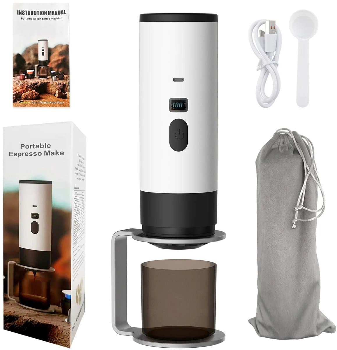 Lunekiss 3-in-1 Draagbare Mini To-Go Espressomachine - 12V - 7800mAh - Type-C - Display - 90°C - Gemalen Koffie - Wit — afbeelding 1