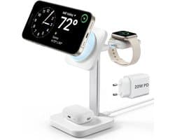 ESR HaloLock 3-in-1 Oplader | Compatibel met MagSafe | Magnetische Draadloze Lader Geschikt voor iPhone, AirPods (Pro) en Apple Watch | met 20W USB-C Adapter en 1.5M USB-C Kabel | Made for Watch | Wit