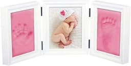 Allecto - Baby Handafdruk Voetspoor Fotolijst Kit voor Jongens en Meisjes - Perfecte Baby Douchegift - EN71 Speelgoedtest Geslaagd - Niet-giftig - Kindveilig - Roze Premium Klei & Witte Houten Lijsten. — thumbnail 1