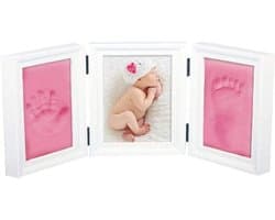 Allecto - Baby Handafdruk Voetspoor Fotolijst Kit voor Jongens en Meisjes - Perfecte Baby Douchegift - EN71 Speelgoedtest Geslaagd - Niet-giftig - Kindveilig - Roze Premium Klei & Witte Houten Lijsten.