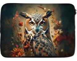 Laptophoes 14 inch - Uil - Vogel - Bloemen - Planten - Botanisch - Laptop sleeve - Binnenmaat 33x23 cm - Zwarte achterkant