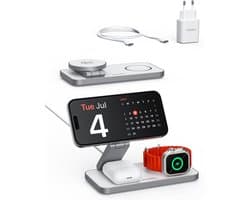 Voomy 3-in-1 Draadloze Oplader QI2.2 - 25W draadloos snelladen - Opvouwbaar Oplaadstation - Geschikt voor MagSafe, Apple Watch, Draadloze Oortjes - Wireless Charger - Inclusief 35W PD Adapter - Wit
