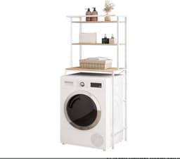 Wasmachinerek, wc-rek voor boven wasmachine, toilet, wasmachinekast, bovenbouwkast, toiletkast, 3 planken, handdoekhouder, metaal hout, 67 x 162 x 40 cm, wit — thumbnail 1