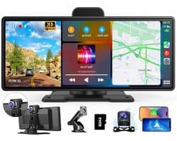 Draagbaar Carplay Display – Auto Multimedia Systeem – Android Auto Unit – Touchscreen Navigatie – Mirror Link – 10,26 Inch IPS HD – 4K Dashcam Voorzijde – 1080p Achteruitrijcamera