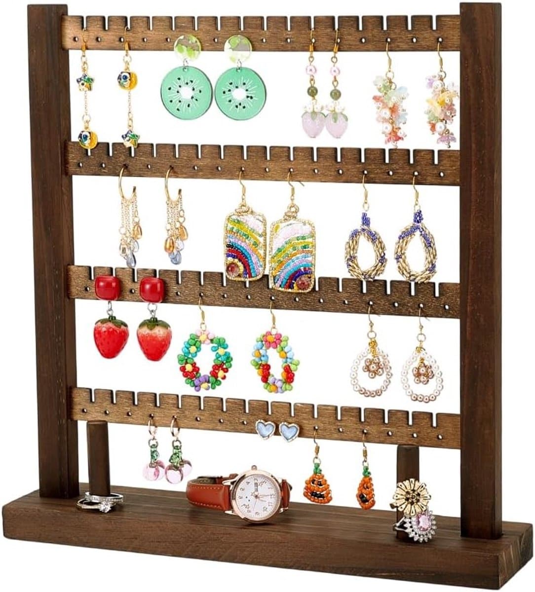Houten Oorbellen Display Stand met 4 Lagen, Perfect voor Oorbellen, Kettingen en Sieradenverkoop, Geschikt voor 128 Oorbellen en Craft Shows — afbeelding 1
