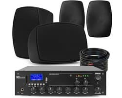 Power Dynamics set van 4 buiten speakers en 2-zone 100V versterker met Bluetooth - Zwart