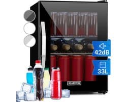Klarstein Mini Koelkast met Glazen Deur, Mini Koelkast voor Kamer, Kleine Drankkoelkast met Verstelbare Planken, 33 Liter, Stille Indoor/Outdoor Koelkast - Compact - Zwart - LED Touch - Mini Fridge - Hotelkoelkast - Kleine Koelkast