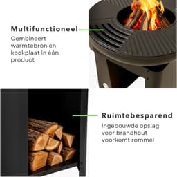 Cheqo® Vuurkorf met BBQ - Barbecue Roestvrij Staal - Grillring - Plancha Grill - Vuurschaal - Buitenkeuken met Houtopslag - 2-in-1 Grill en Terrashaard - Inclusief Teppanyaki Plaat — thumbnail 4