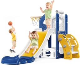 Grote blauwe glijbaan voor kleine kinderen met basketbalmand, glijbaan voor peuters van 1 tot 3 peuters, klimer, glijbaan, speelset met opbergruimte, binnen en buiten, speelgoed voor — thumbnail 1