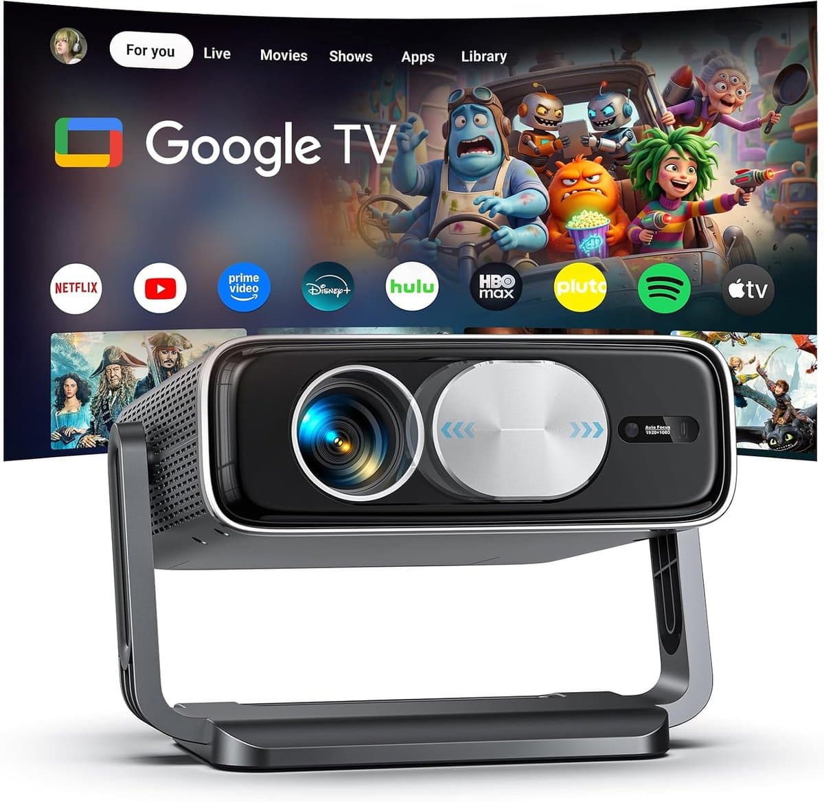 Beamer [Google TV Stick], 3000ANSI projector, 4K thuisbioscoop met Netflix, auto-lensafdekking, autofocus en 6D trapeziumcorrectie, Full HD 1080P, WiFi 6, daglichtprojector met app voor buiten — afbeelding 1