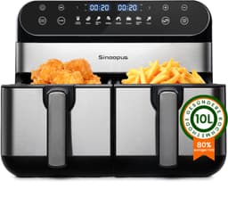 Heteluchtfriteuse Dubbele Manden 10 Liter 2400 Watt Kunststof En Metaal Zwart 8 Kookprogramma’s Met Led Aanraakscherm — thumbnail 2